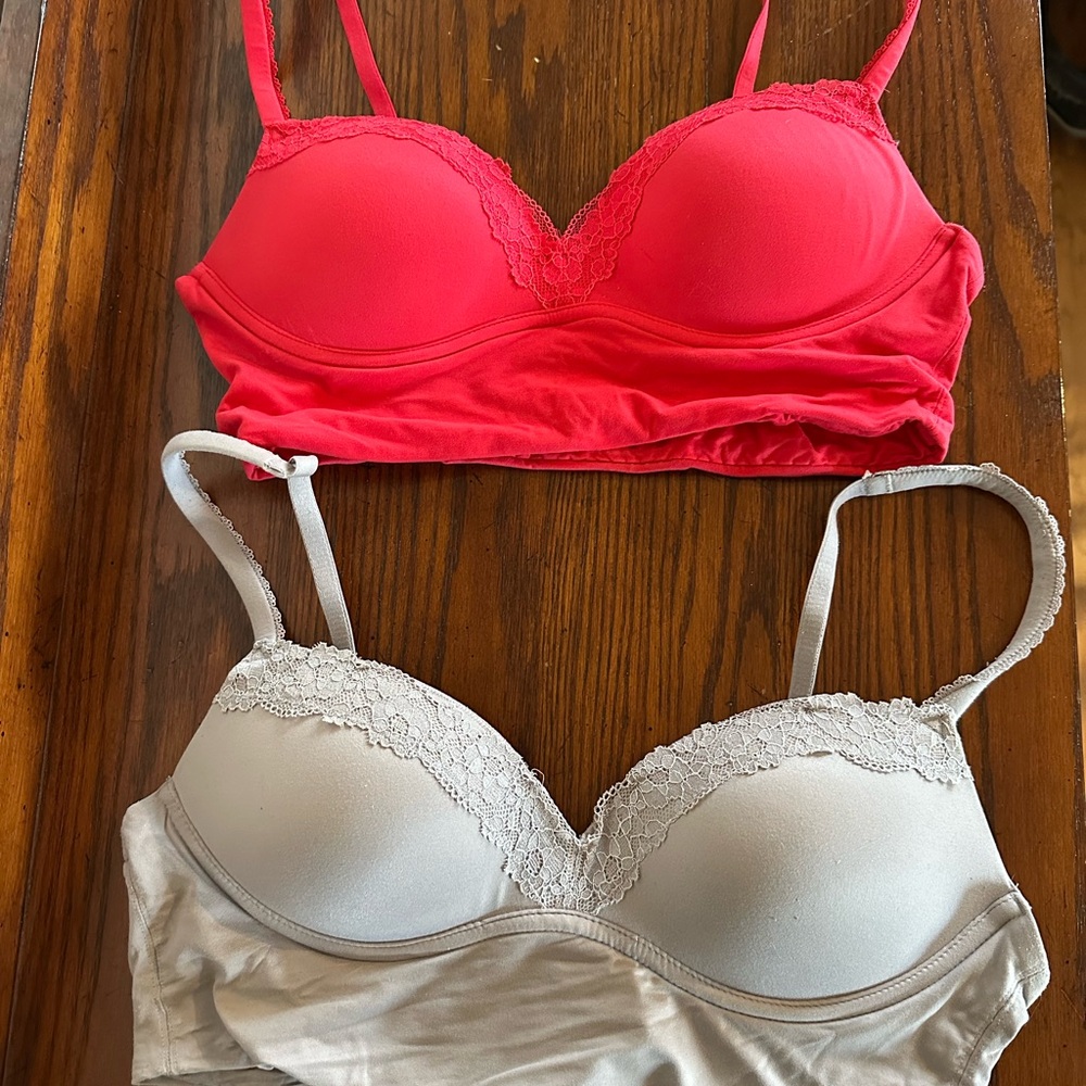 Victoria’s Secret Padded No-Wire Red and Gray Lace Trim Bras size 34B